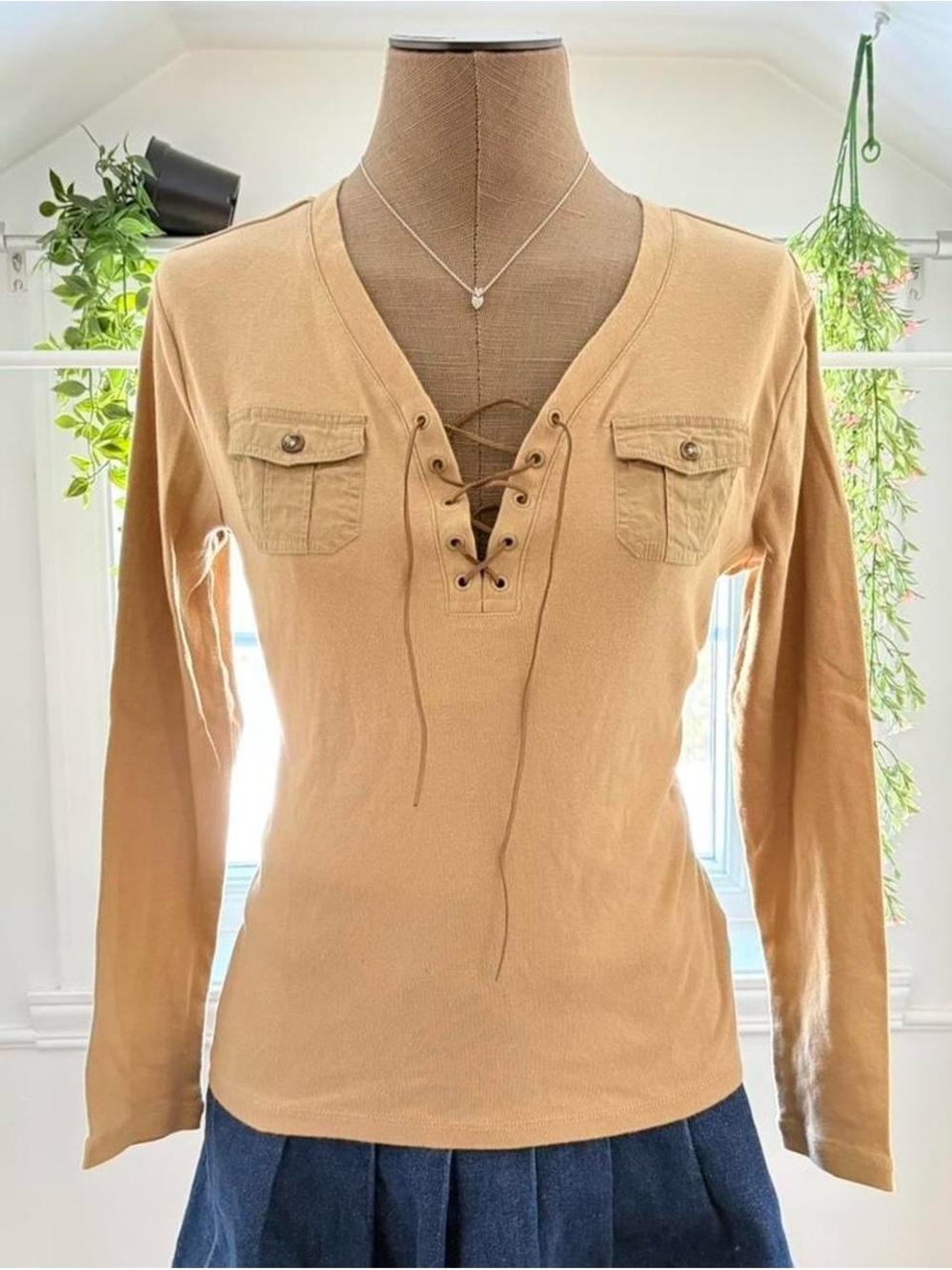 Chaps Lace-Up Long Sleeve Top in Camel